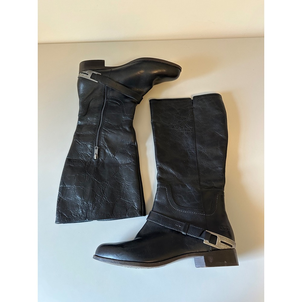 UGG Black Leather Riding Silver Buckle Moto Boots | Size 10